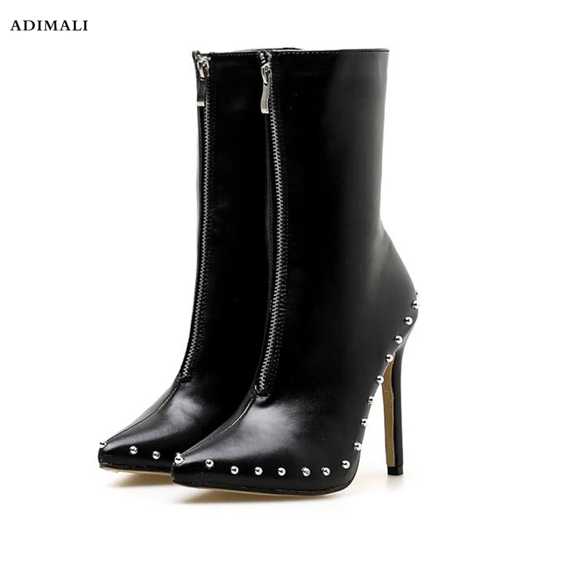 

Genuine Leather Thick Heel Round Toe Lace Up Winter Boots Superstar Punk Rock Metal Rivets Fasteners Ankle Boots