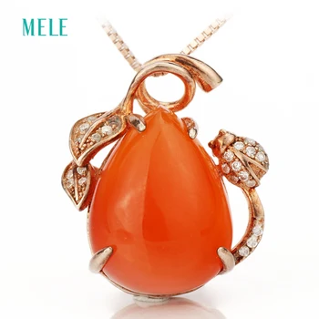 

MELE Natural red agate silver pendant, pears 13mm*18mm, deep and bright red color, brings luck to you, romantic style