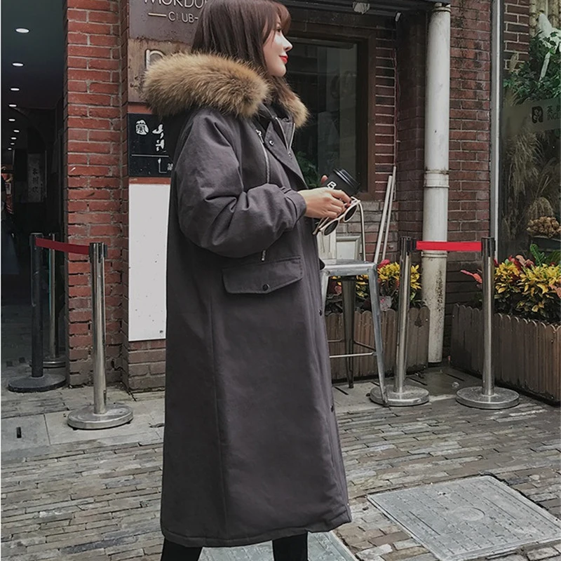 Parkas de talla grande para mujer abrigo de algodón de cuello de piel largo de invierno grueso abrigo suelto con capucha de Safari chaqueta femenina de tela de algodón n155 - 2