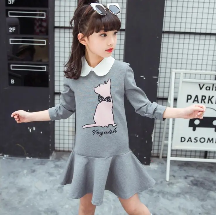 

Girls spring autumn models kitten dress children models cartoon lapel princess dress children clothing children dress