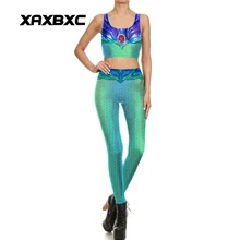 XAXBXC 1713, сексуальный спортивный костюм для девушек, набор, чешуя Русалки, красные принты, Леггинсы для йоги, штаны, укороченный топ, жилет, для спортзала, фитнеса, женские комплекты для йоги