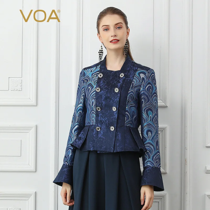 

VOA Double Breasted Coat Women Silk Jacket Peacock Printed Ceket Ladies Suit Clothes Fall Long Sleeve Veste Retro Chinese W339