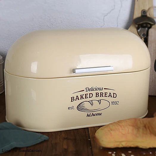 Hinged Lid Durage cream Yellow Retro Kitchen Tin Bread Bin Storage Box