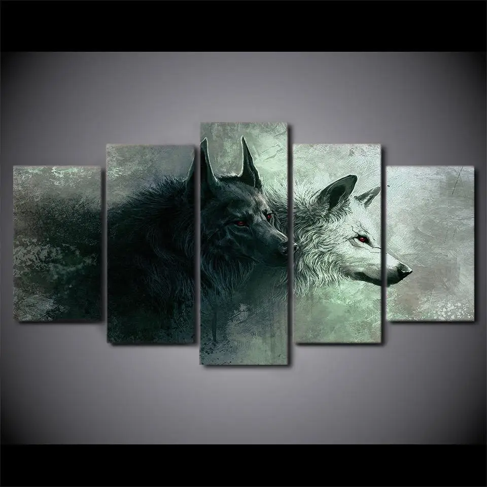 5 Panel modern art Canvas Paintings Red Eyes Black White Wolf Wolves