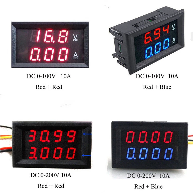 

DC 0-100V 10A 3/4 Bit Voltmeter Ammeter Red Blue LED Amp Wires New