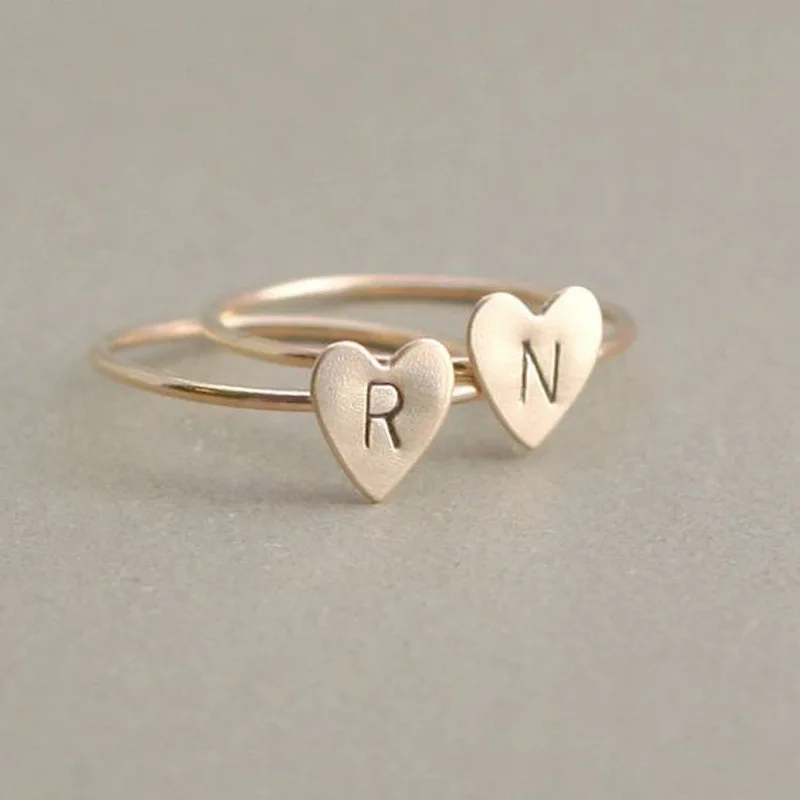 Персонализированные ручные штампованные A-Z, 26 букв, начальные крошечные кольца в виде сердца для женщин, золотые кольца на палец, ювелирные изделия