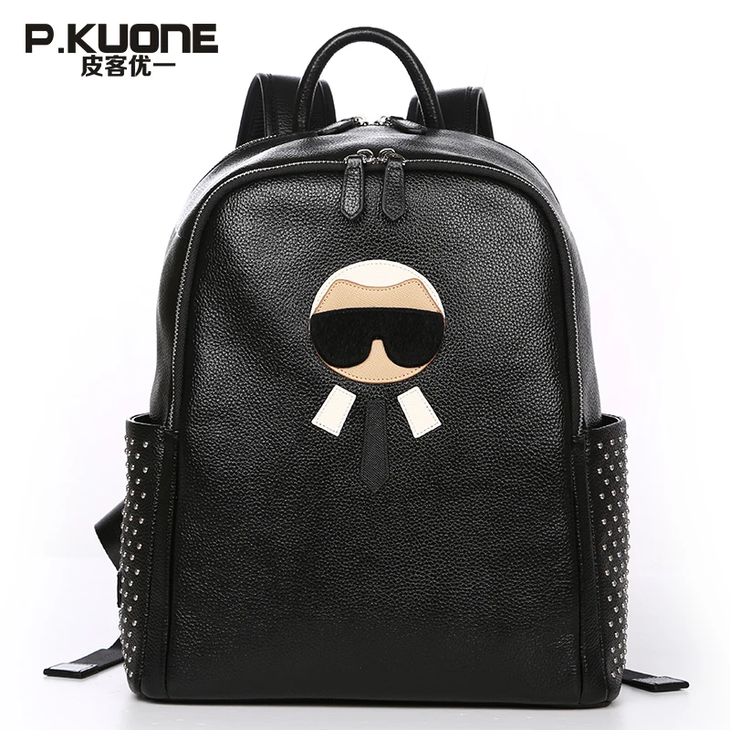 

P.KUONE Brand Famous Designer Fashion Leather Backpack Male Female Funny Multifunction Genuine Leather Backpack School Backpack