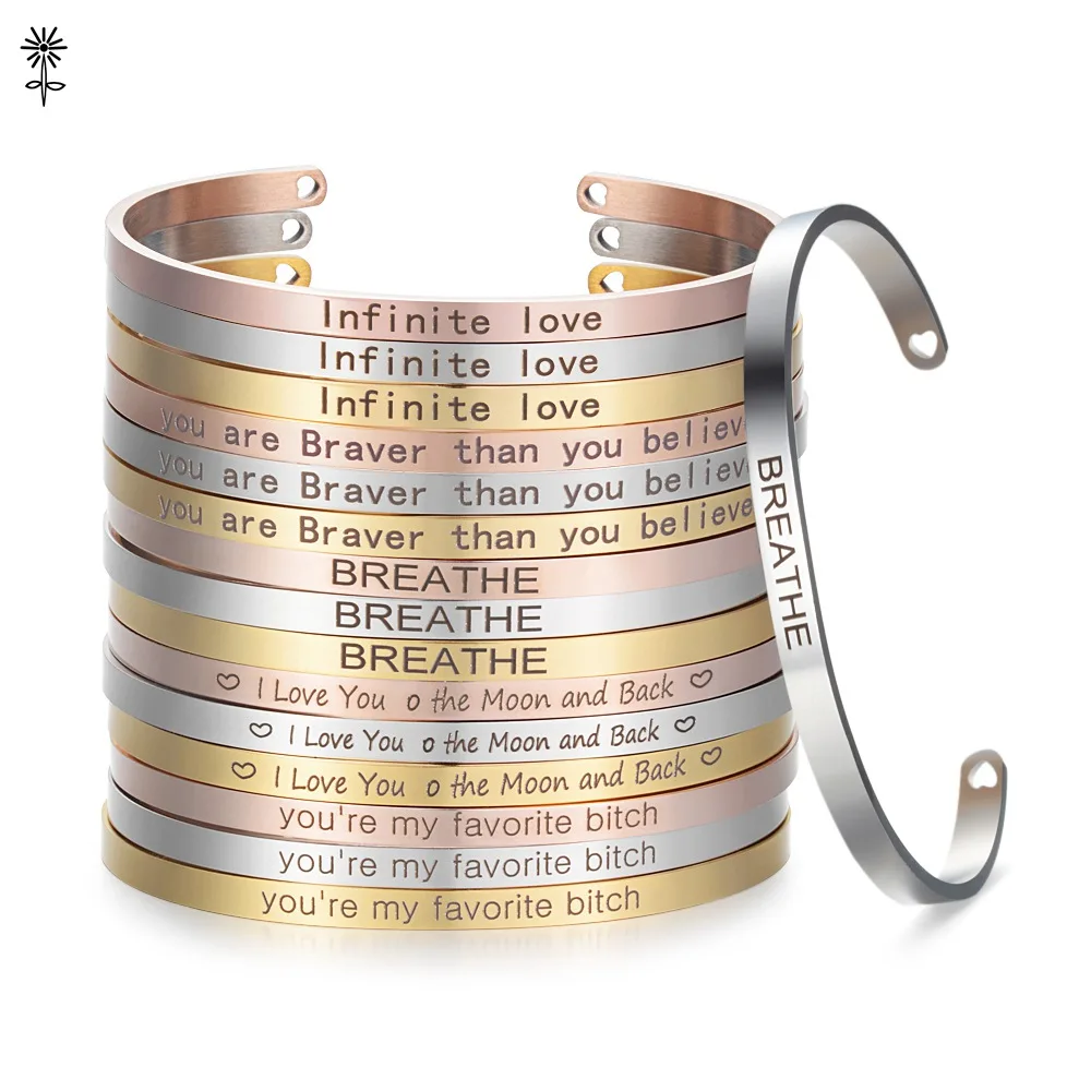 

Stainless Steel Bangle Handmade Positive Inspirational Quote Open Cuff Bangles Mantra Bracelets for Women
