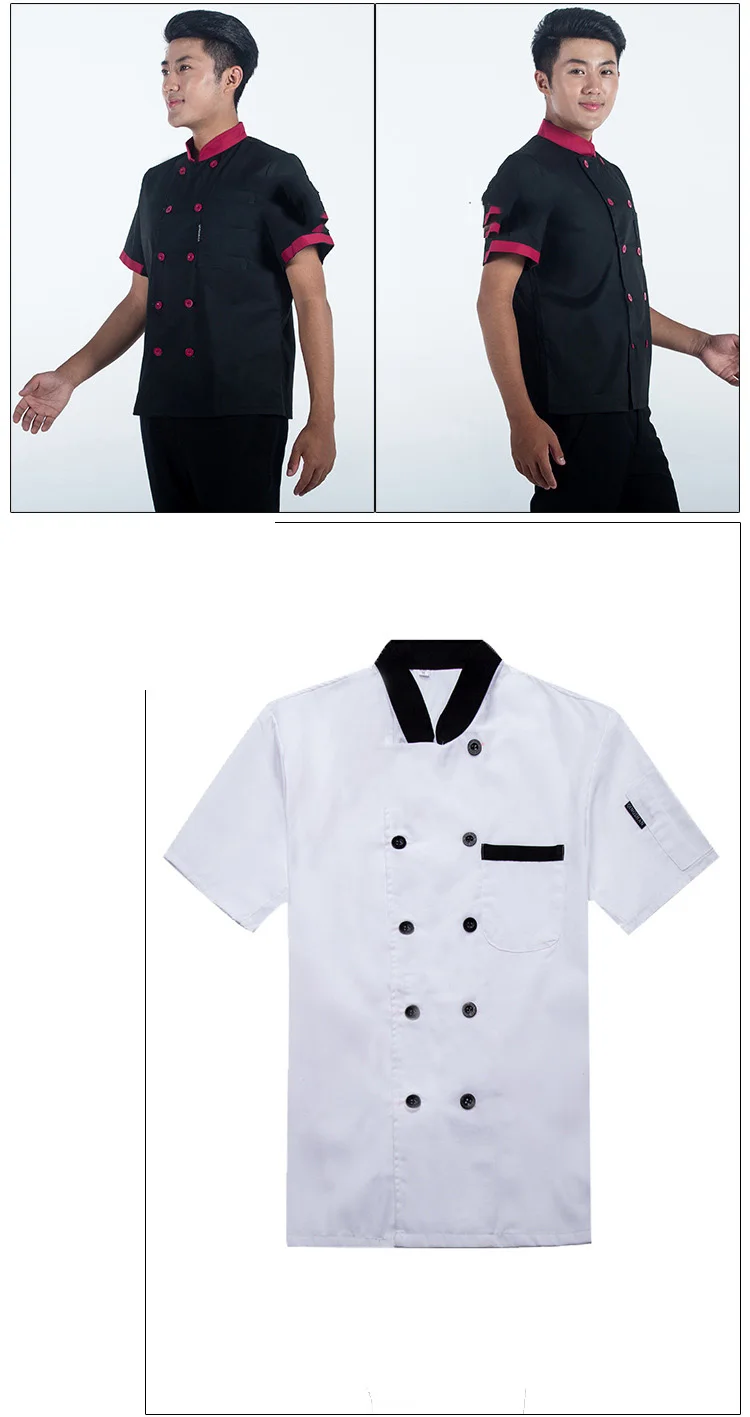 Летняя мужская рубашка еда обслуживание шеф-повара Униформа с короткими рукавами полиэстер повара хлебобулочные костюмы твердый ресторан