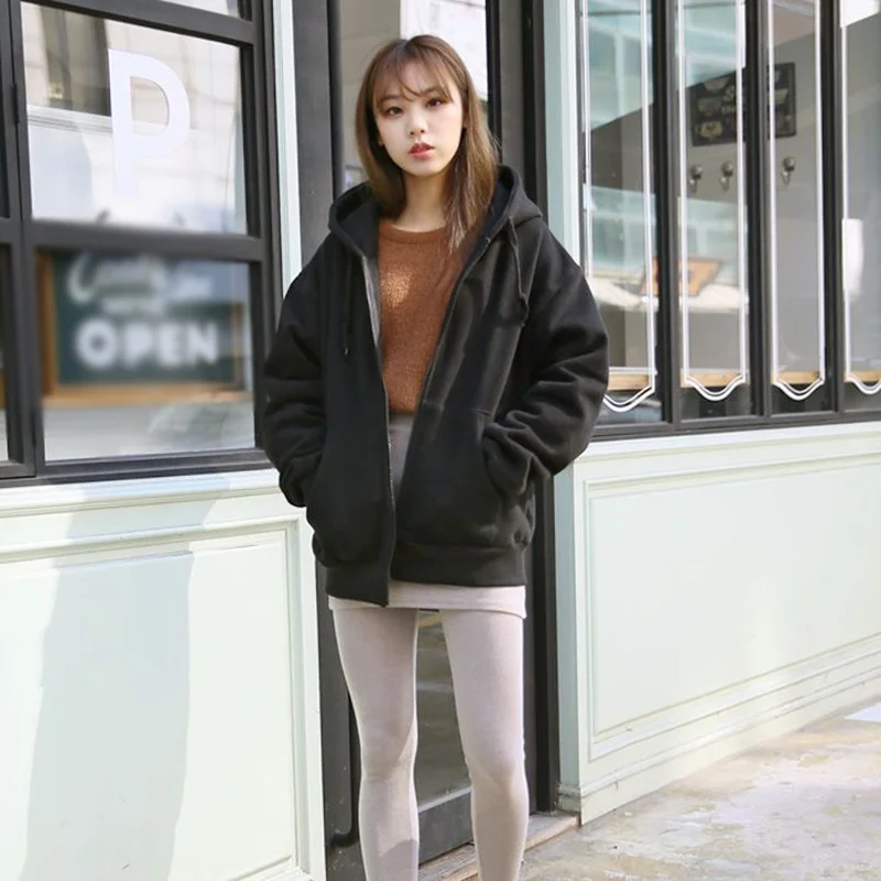

2018 New Winter Autumn Women Hooded Jacket Hoodie Solid Thicken Coat Zipper Ladies Casual Basic Jackets with Pocket 2 Color