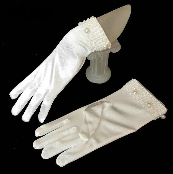 Слоновая кость/Белый Короткие свадебные перчатки Атлас наручные Длина Бисер жемчуг полный палец элегантный Для женщин перчатки Свадебная