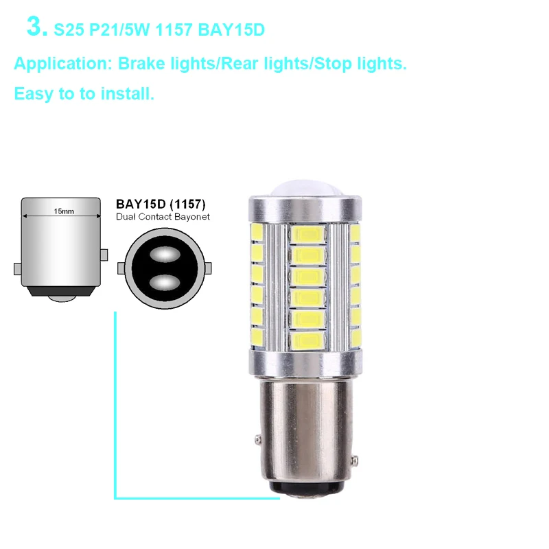 2pcs lot S25 P215W 1157 BAY15D BAZ15D 5630 33 SMD 5730 LED Car Brake Lights Tail Lamps Auto Led Bulb Light 33led DC12V (5)