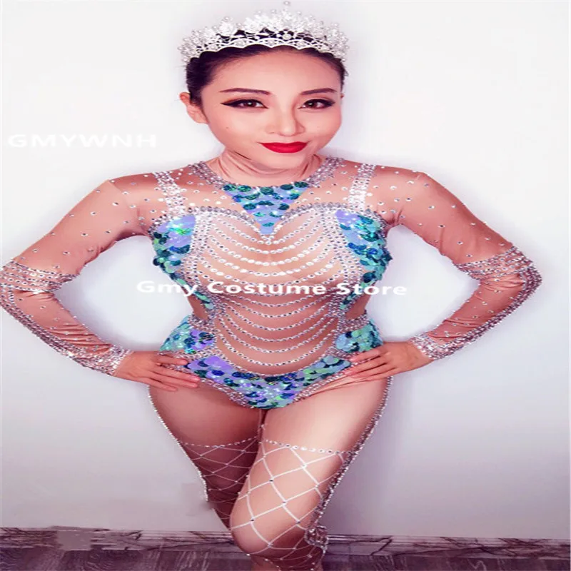 

D62 Female ballroom dance sequin bodysuit crystal jumpsuit sexy Rhinestone printing outfits nude stage costumes bar wears show