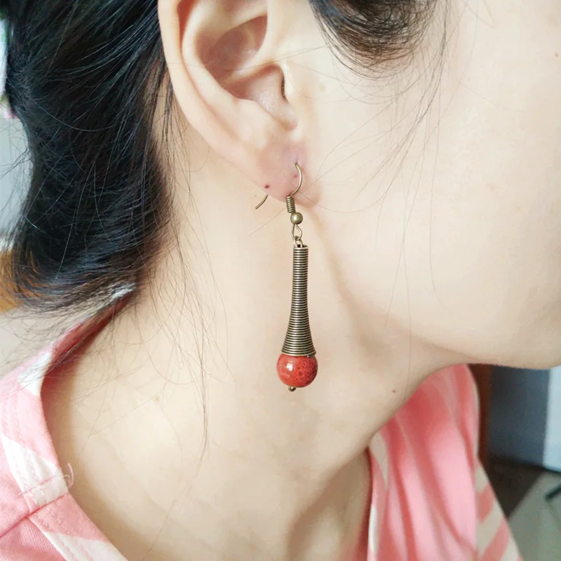 

Ceramic Bead Women Long Dangle Earrings Vintage Bronze Eardrop Drop Shipping