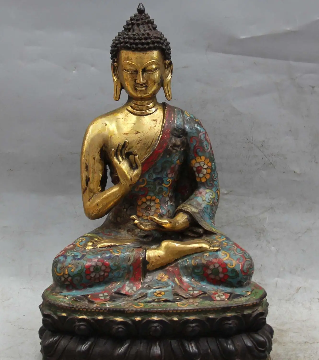 

10" Tibetan Buddhism Cloisonne Enamel Gilt Seat Lotus Shakyamuni Buddha Statue