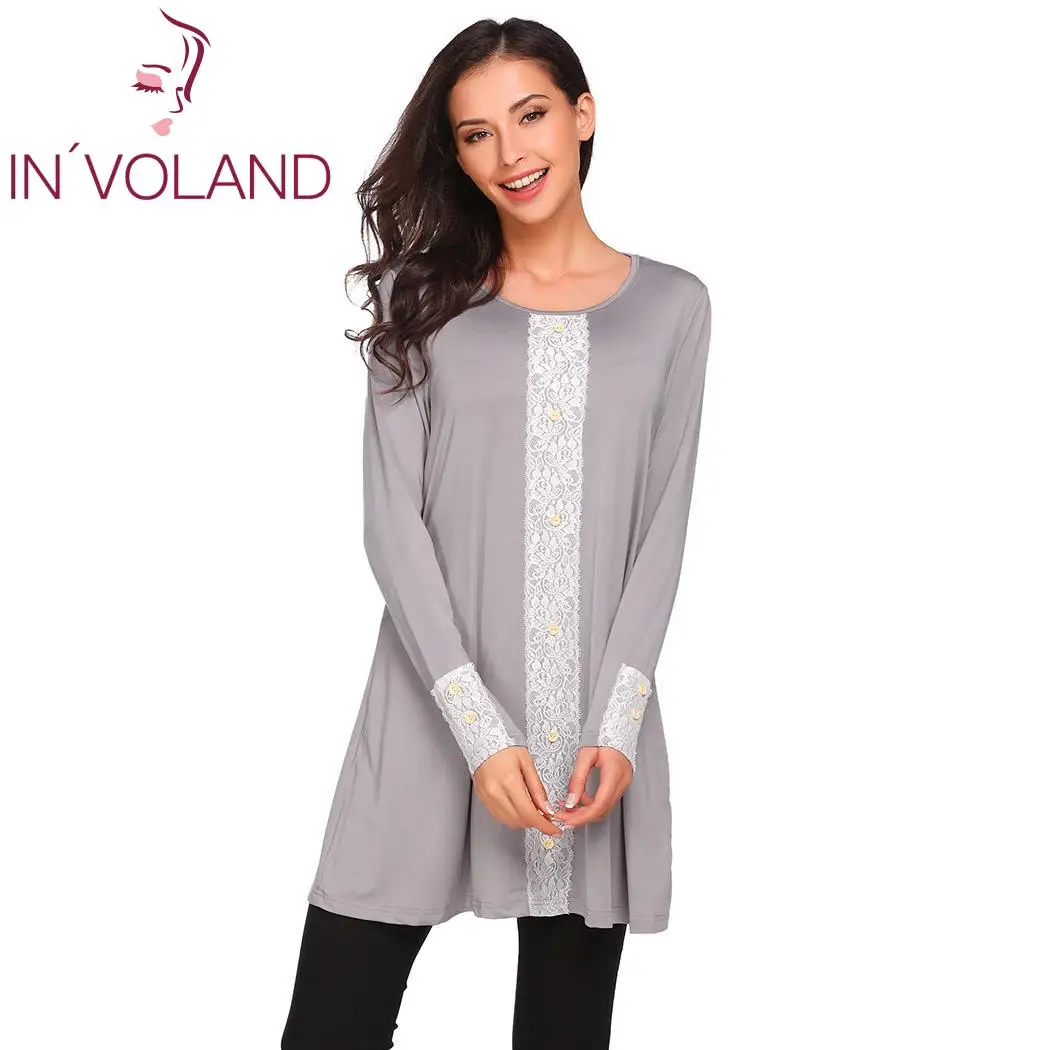 

Women Casual Long Sleeve O Neck Lace Patchwork Button Loose Flowy T-Shirt
