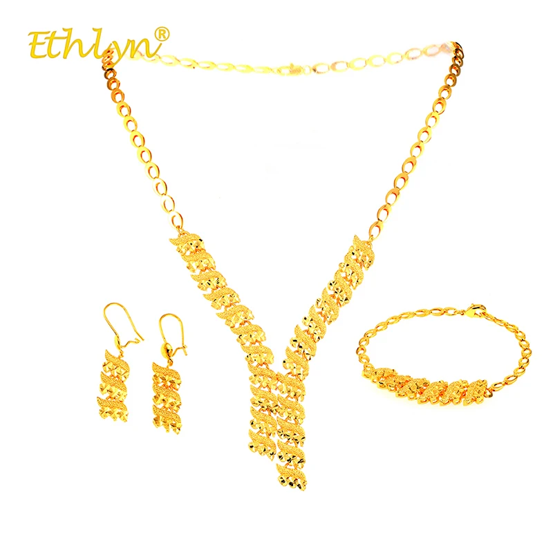 

Ethlyn Geometric Necklace/Earrings/Bracelet 3Pcs Luxury Bright Golden Women Jewelry Set Africa/the Middle East/Ethiopia Wedding