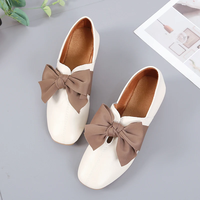 Bow Knot Casual Shoes for Women Flats Leather Oxfords Women Shoes Woman Fashion Square Heels Slip on Ladies Shoes Espadrilles