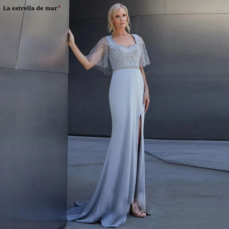 Elegant Mother Of The Bride Dresses Lace Appliqued Beads Blue