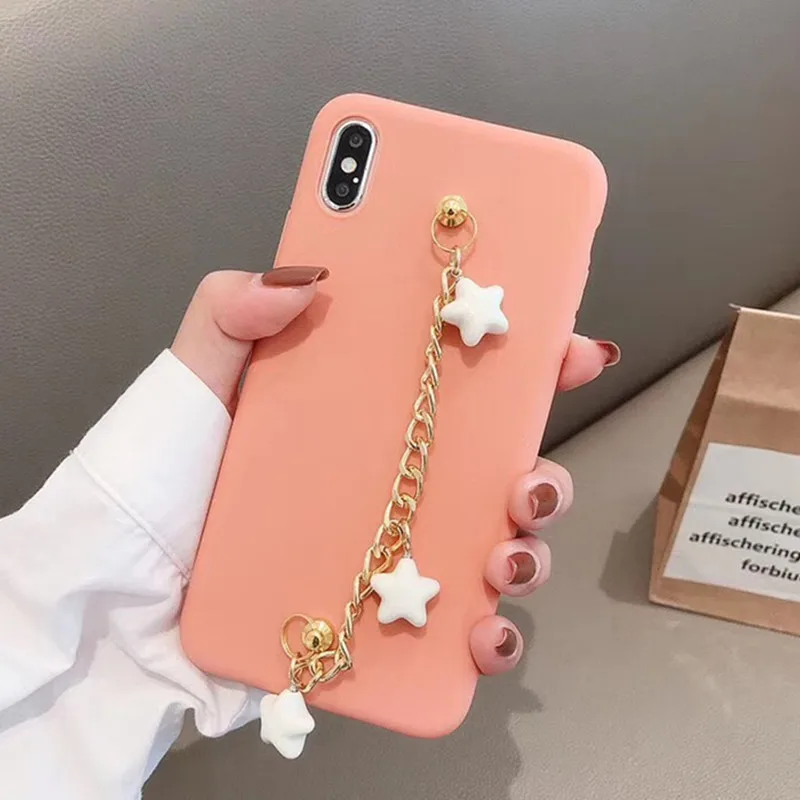 

Matte Solid Candy Color With 3D Star Gold Bracelet Wrist Strap Cover Cases For iPhone 6 6S 7 8 Plus X XS XR MAX Soft Back Funda