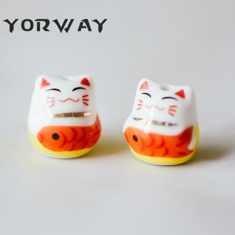 10 шт./лот фарфор Lucky бусины кошка 15 мм ручной работы керамика Maneki Neko просверленные