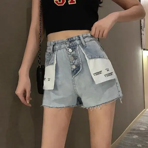 Старинная буква свободная Короткая Повседневная короткая Мода Broek Dames однобортная Корейская Высокая талия женские джинсовые шорты - Цвет: Синий