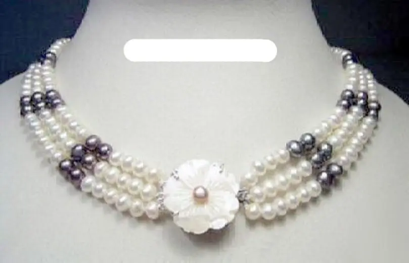 

3 Rows Real White Black Pearl Shell Flower 18KWGP Clasp Necklace ##a #a
