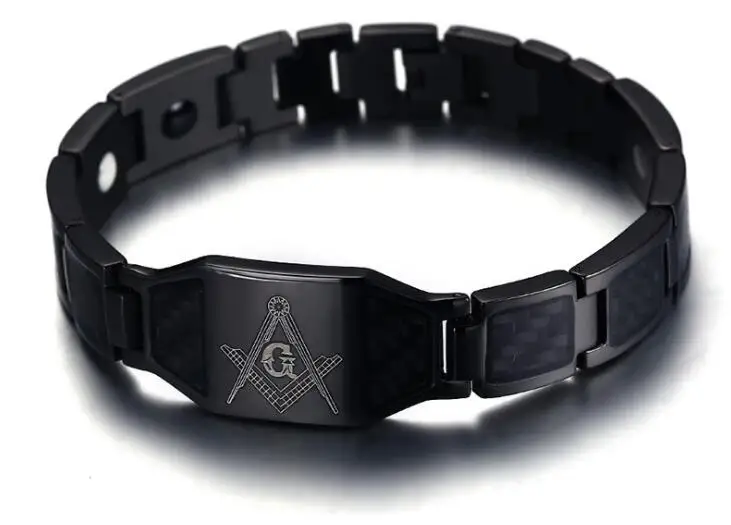 

NEWEST Black Titanium Freemason Bracelets Carbon Fiber Inlaid Masonic Free Mason Bangle Wristband Bracelet Men Gift Jewelry 3pcs