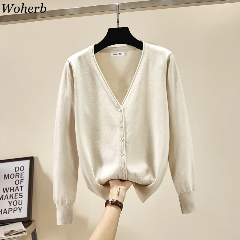 

Woherb 19 Colors Thin Knitted Cardigan Women 2020 Sunscreen Sweater Coat Plus Size M-4XL Jumper Ladies Casual V-neck Cardigans