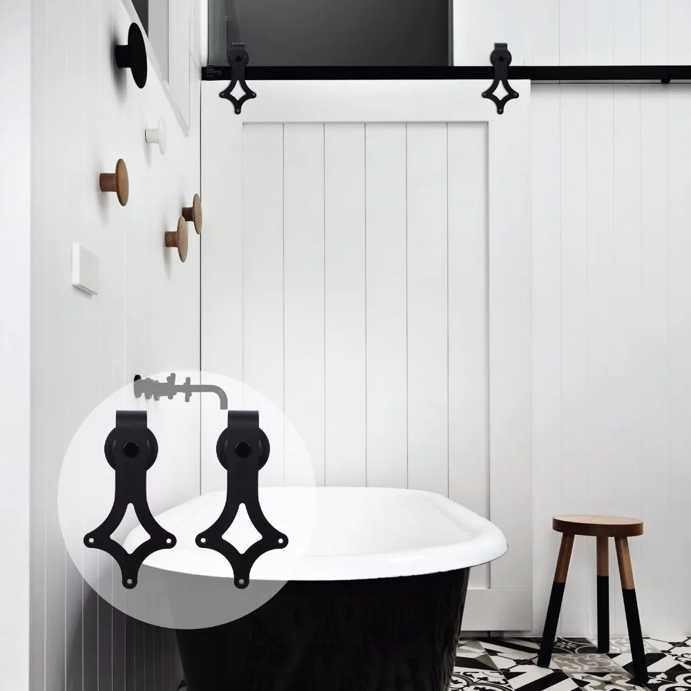 LWZH American Style 6FT 7FT 9FT Sliding Barn Door Hardware Kit Black Rhombus Shaped Hangers for Single Door Closet Track Set