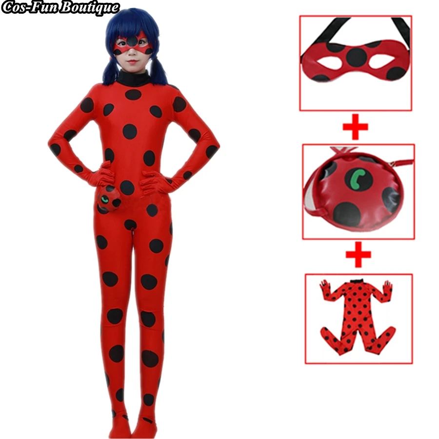 

Fantasia Ladybug Dot Costumes kids Cosplay Carnival Party Children Lady Bug Zentai Coverall Suit Halloween Costume+Bag Eye Mask