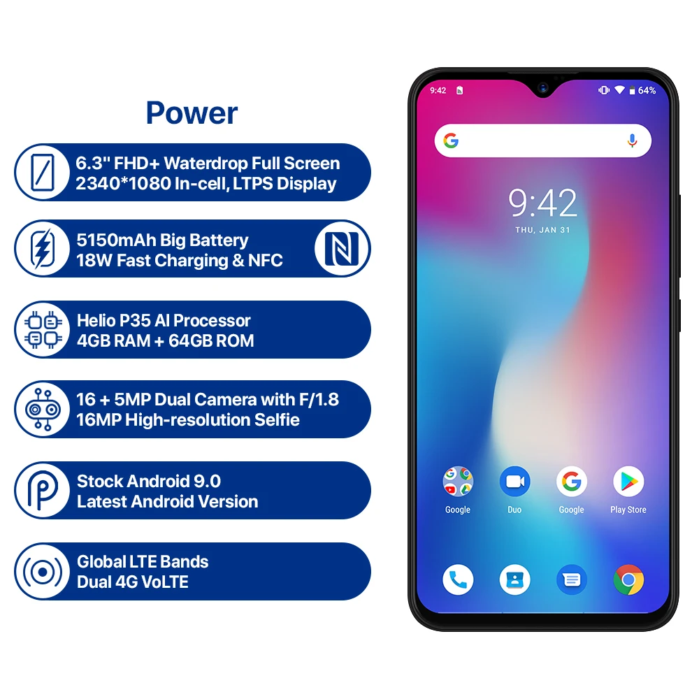 

UMIDIGI Power Android 9.0 Global Version Smartphone 6.3inch FHD Waterdrop Screen 4GB+64GB Helio P35 16MP 5150mAh Big Battery 18W