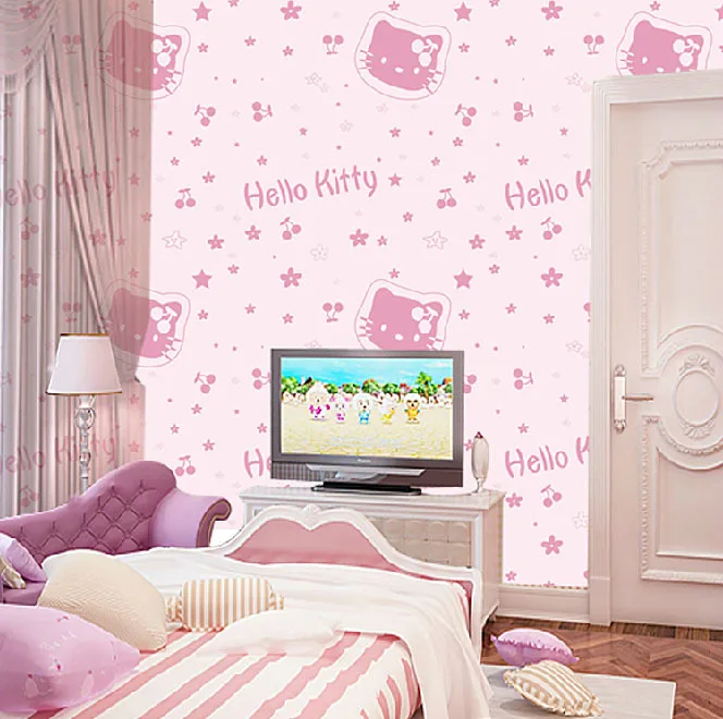Free Shipping Hello Kitty Non woven Fabric Bedroom Wallpaper Children