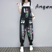 Милые Рваные Джинсы бойфренда для девочек с высокой талией размера плюс, с рисунком из мультфильма, с вышивкой, Свободные повседневные обтягивающие укороченные джинсовые комбинезоны