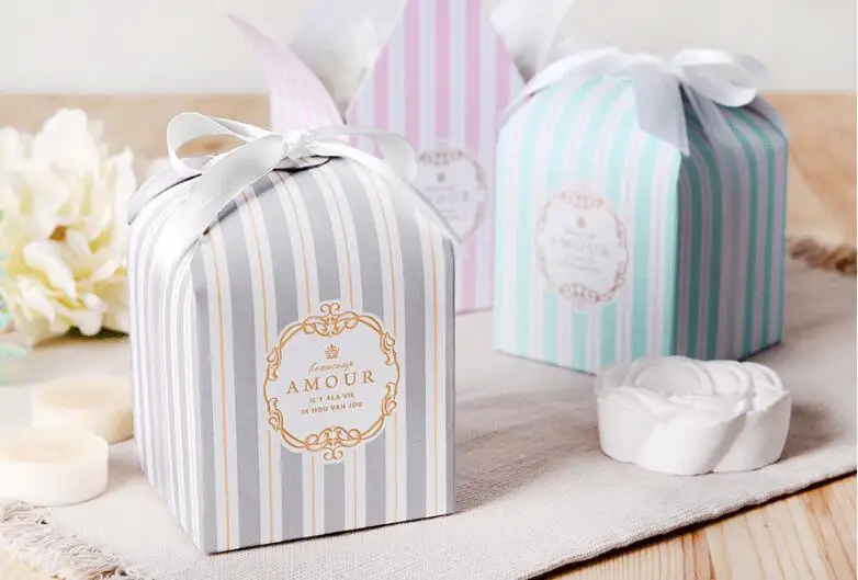 European Stripe Candy Box Wedding Favors Supplies Baby Shown Birthday Party Event Gift Pastry Packing Boxes Bag 8x8x8cm 2