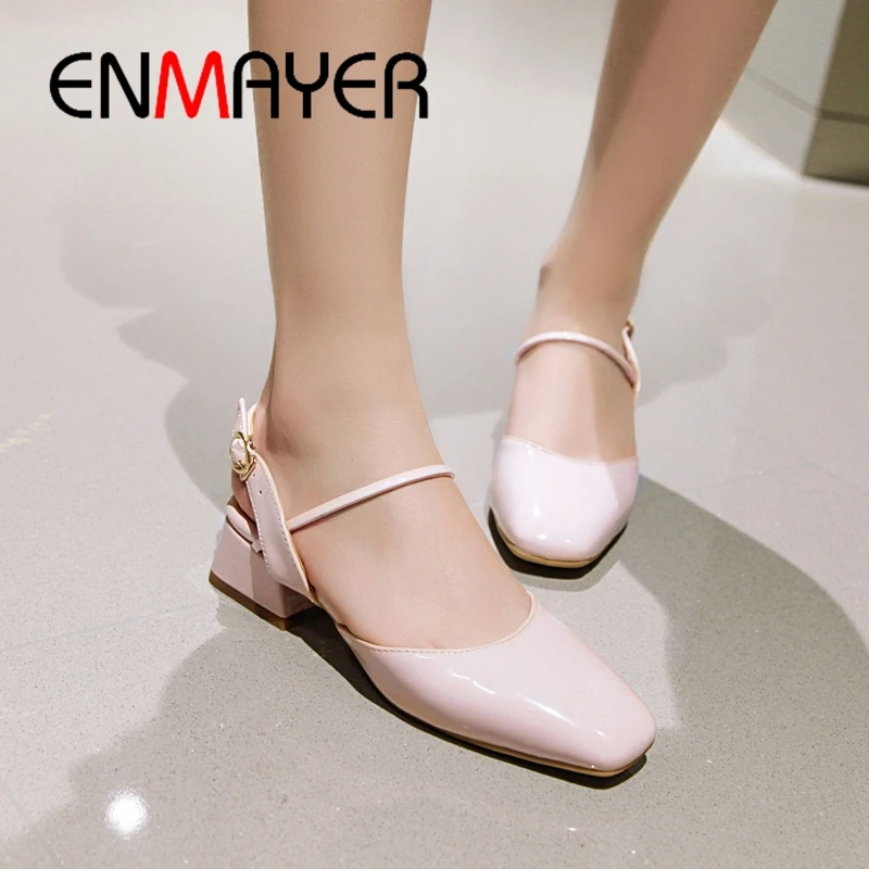 

ENMAYER 2019 Mary Janes Med Square Heel Women Square Toe Casual PU Buckle Strap Solid Shoes Size 34-43 LY1880