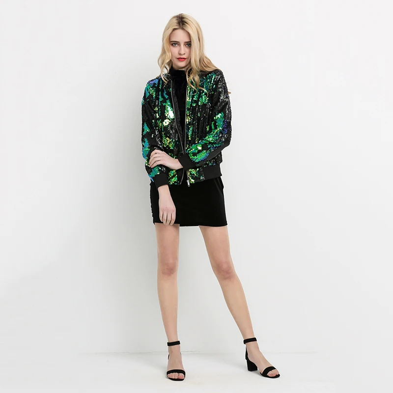 HYH HAOYIHUI Autumn Women Sequin Coat Green Bomber Jacket Long Sleeve Zipper Streetwear Jacket Preppy Loose Casual Basic Coat HYH HAOYIHUI Autumn Women Sequin Coat Green Bomber Jacket Long Sleeve Zipper Streetwear Jacket Preppy Loose Casual Basic Coat