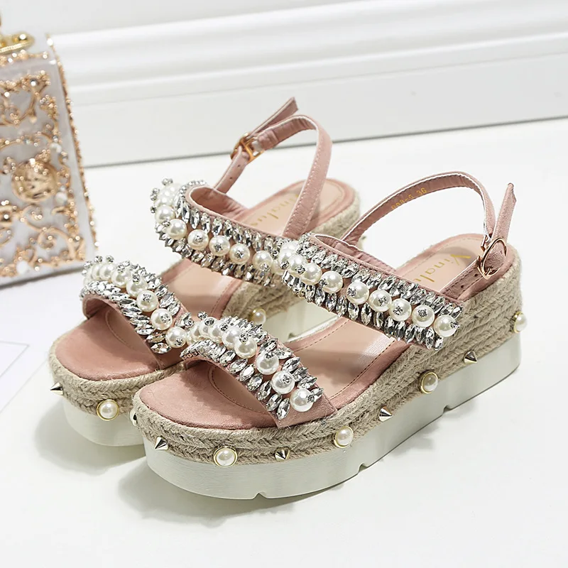 Women Platform Metal Rivet Pearl Sandals Hemp Straw Rope Wedge High