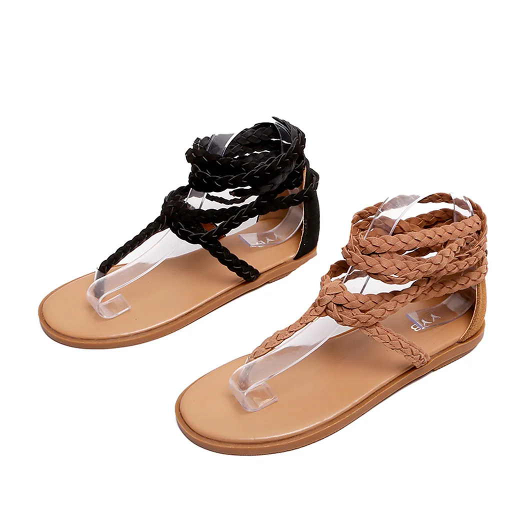 Для женщин сандалии женская летняя тканый ремень комнатные до лодыжки, на плоской подошве, сандалии в римском стиле повседневная женская обувь удобная Пляжная обувь T9