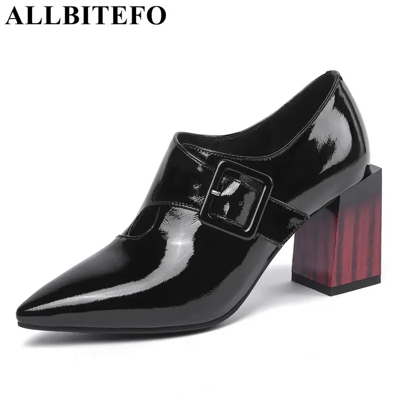 

ALLBITEFO new fashion brand genuine leather buckle thick heel women shoes women high heel shoes women party shoes size:33-43