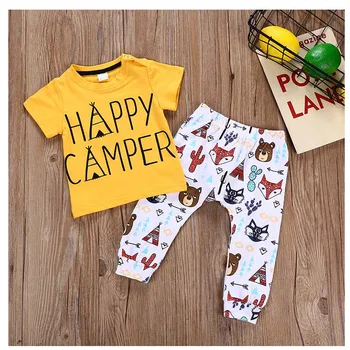 

Newest Kid Infant Baby Boy clothing Yellow Short Sleeve letter Tops T-shirt +Bear Leggings Pants Outfit Toddler Clothes 2pcs set