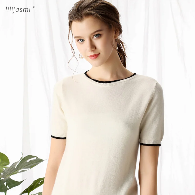 

High-end Women's 100% Cashmere O-neck Short Sleeve Knitted Pullover Tee Pure Cashmere Sweater Jumper Spring Summer 9202