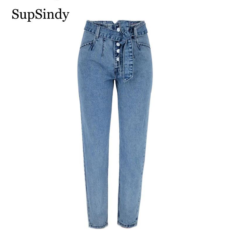 

SupSindy Hot women jeans High waist loose straight jeans with belt fashion wild Slim button jeans for women pants denim trousers
