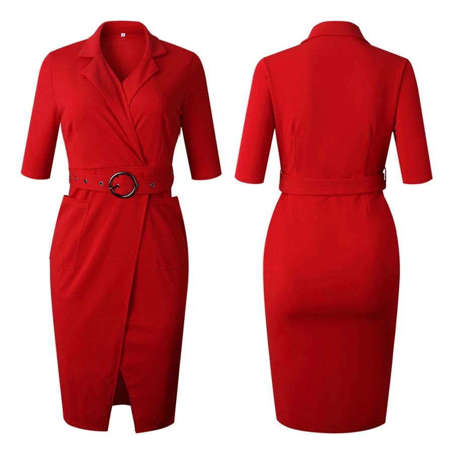 BAIBAZIN Africa Europe and America High Quality Suit Collar Three-dimensional Pocket Commuter Large Size Dress With Belt (15)