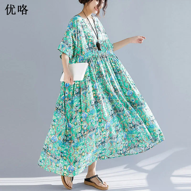 

New Arrival 2019 Women Summer Dress Vintage Sundress Cotton Art Print Big Swing Maxi Dress 4XL 5XL 6XL Plus Size New Long Dress