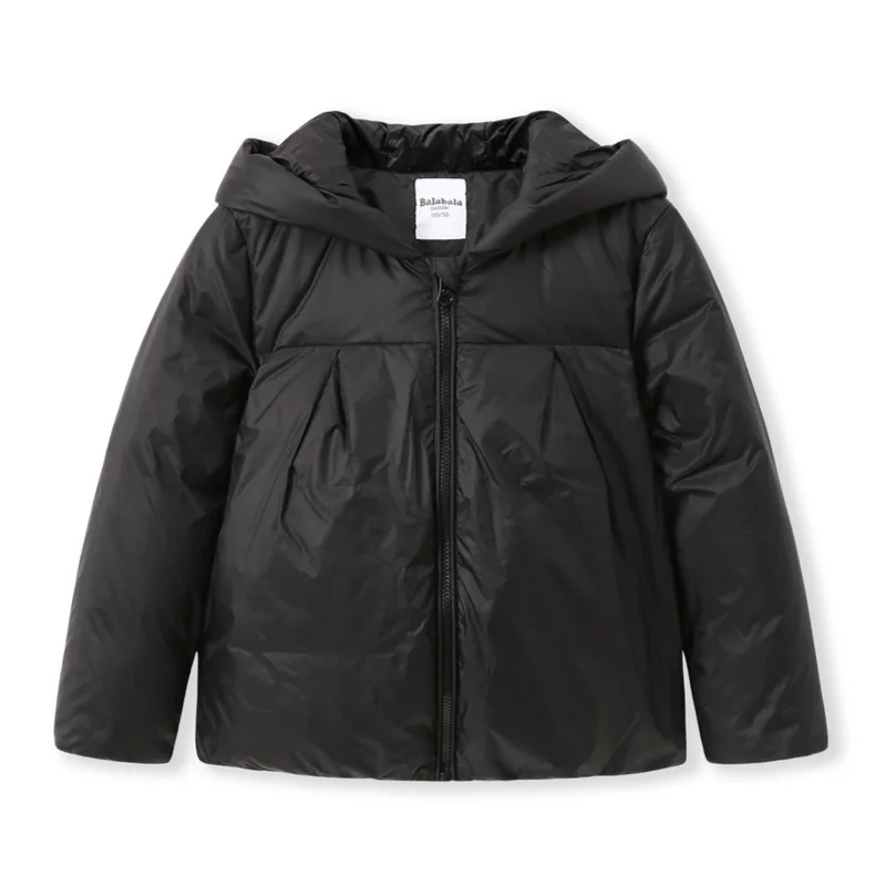 Balabala/легкий пуховик с капюшоном для маленьких девочек с помпонами; детская пуховая куртка с капюшоном на молнии с подкладкой из шинлона - Цвет: black