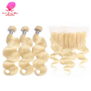 

QUEEN BEAUTY 13x6 Closure Free Middle Part 613 Blonde Body Wave Swiss Lace Frontal with 3 4 Bundle Peruvian Remy Human Hair