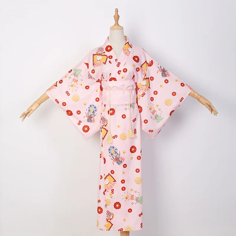 Розовое элегантное женское японское платье-кимоно, сексуальный принт, юката, Национальный Стиль Obi, женское платье, платье для Хэллоуина, косплей костюм