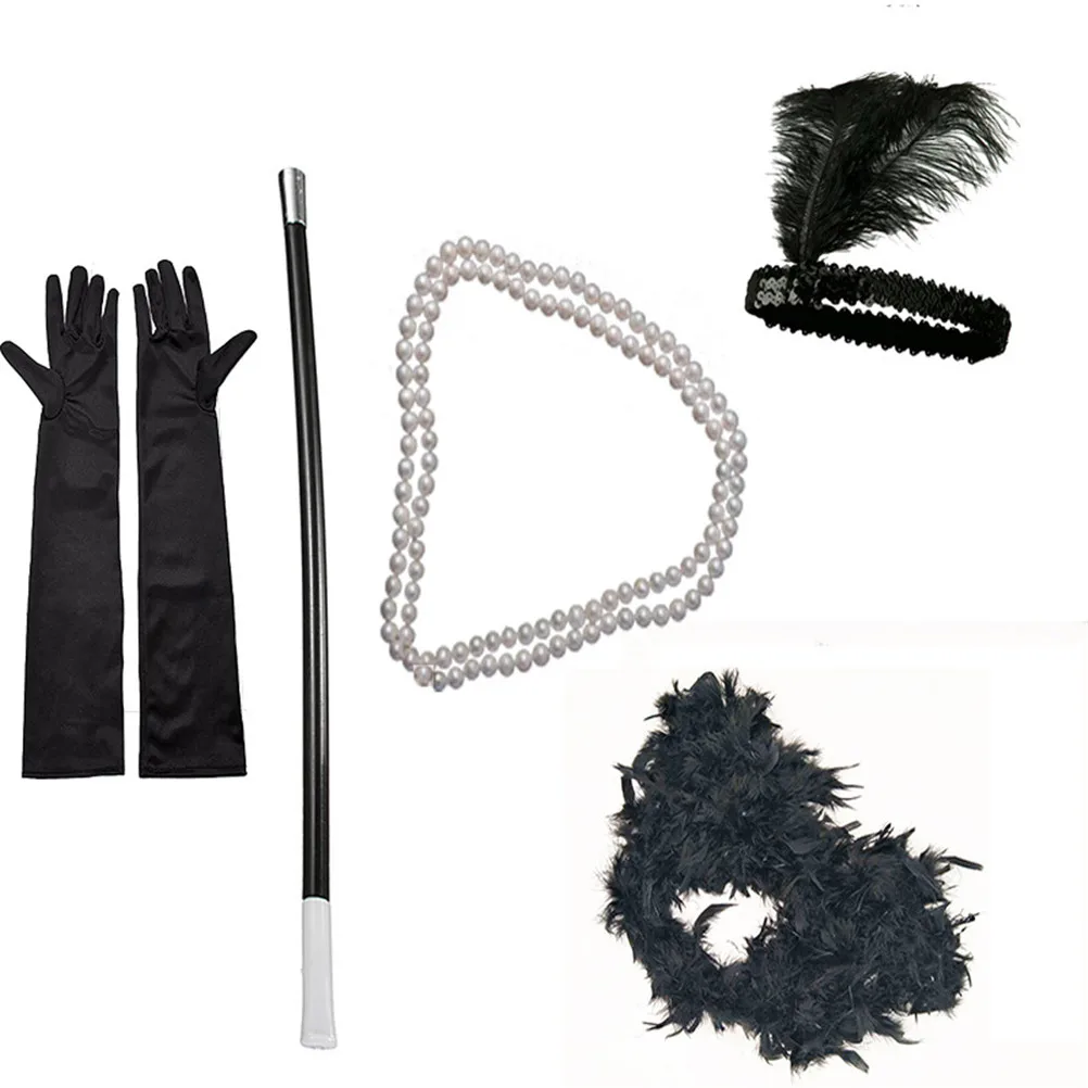 5Pcs/set Sequin Feather Headband Necklace Gloves Cigarette Holder Flapper Type Fancy Ball Girl Dress Up Accessories 4 Styles