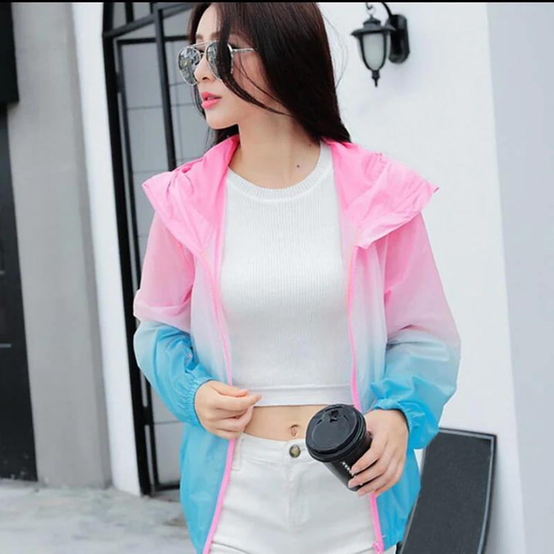 Greatest  2017 Fashion Summer rainbow color Sun UV Protection Clothing Hot Female Hooded Jacket Thin Breathab